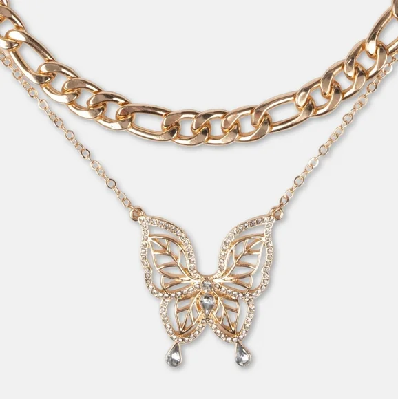 Missguided Jewelry Nwt Gold Tone Butterfly Chain Layered